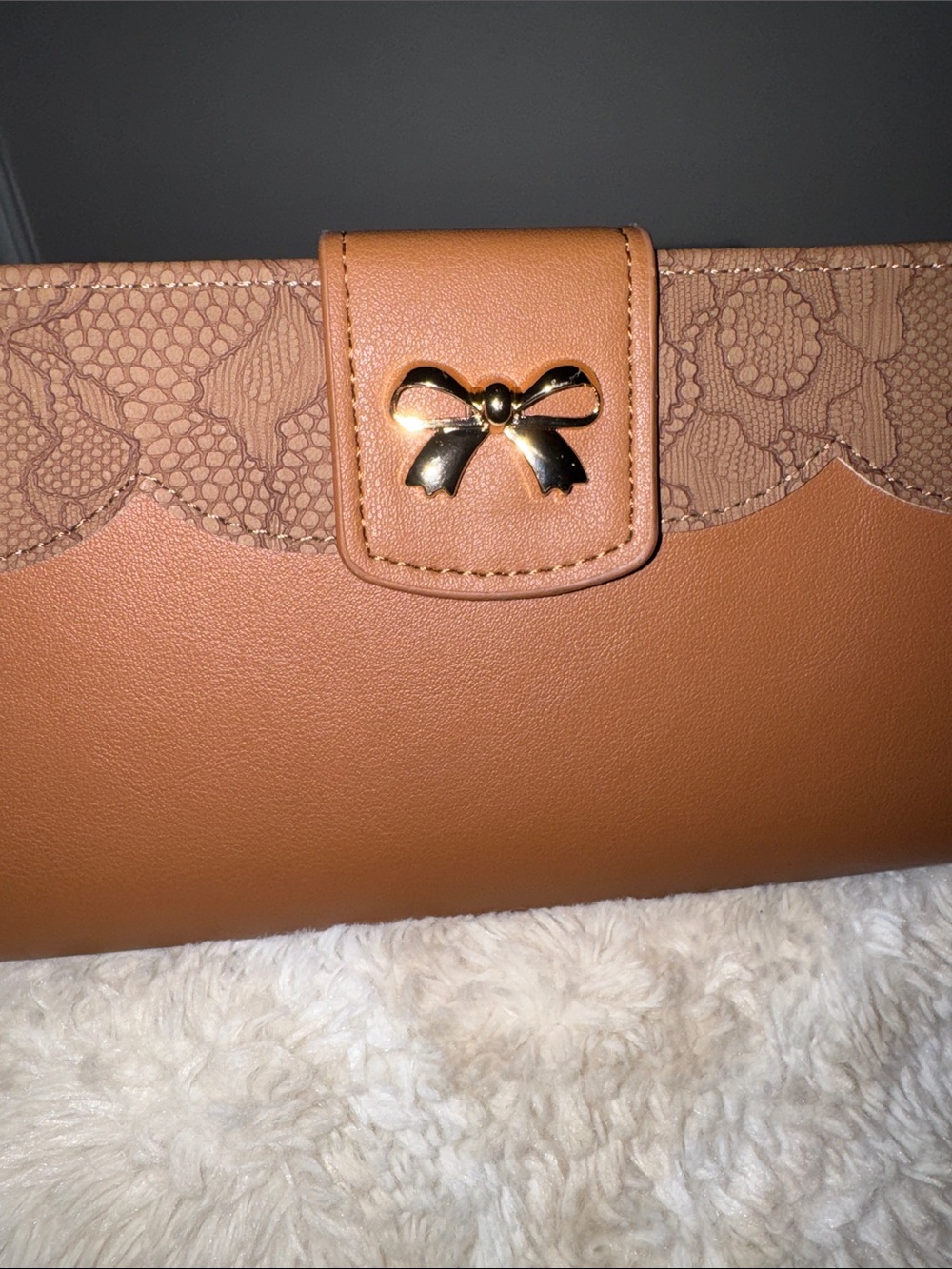 Women's Tan Faux Leather Wallet with Gold Bow Accent - Picture 3 of 8